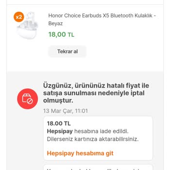 Hepsiburada Fiyat Hatası Nedeniyle Ürünlerimi İptal Ettiler