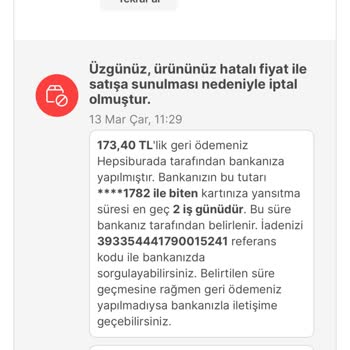 Hepsiburada Hatalı Fiyat Gerekçeli Sipariş İptali