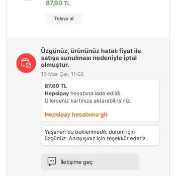 Hepsiburada Ödeme Yapılan Ürünün İptal Edilmesi Ve Gönderilmemesi Şikayeti