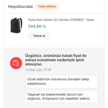 Hepsiburada Uygulamasının Habersizce Sipariş İptali