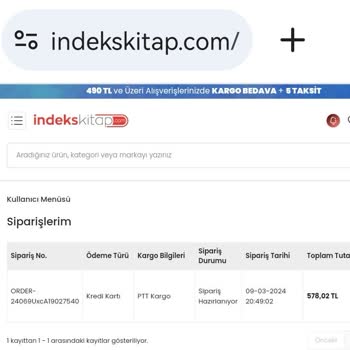 İndeks Kitap Siparişim Kargoya Verilmedi