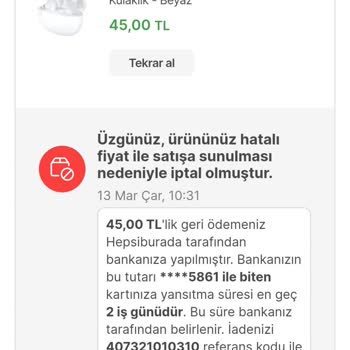 Hepsiburada Yanlış Fiyat Nedeniyle İptal Edilen Ürün
