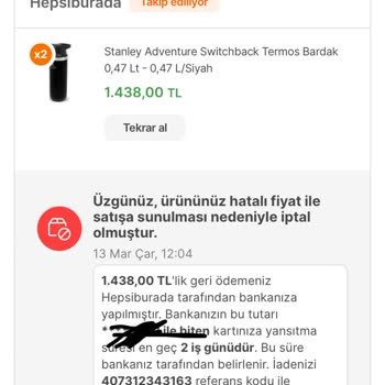 Hepsiburada Fiyat Sebepli Stanley İptali