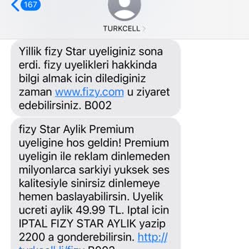 Turkcell Yıllık (Fizy Star) Üyeliğim Talebim Ve Onayım Olmadan Yenilenmiş.