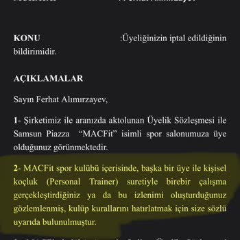 MACfit (Samsun) Üyeliğim Haksız Yere Sonlandırıldı