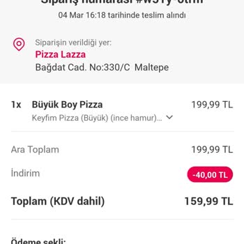 Yemeksepeti Maltepe Şubesi PizzaLazza İade Talebi