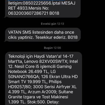 Vatan Bilgisayar SMS İptal Edilememesi