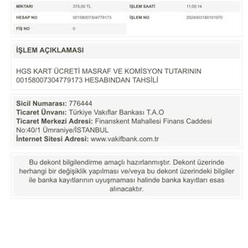 VakıfBank HGS Karta 375 TL İşlem Masrafı Kesiyor