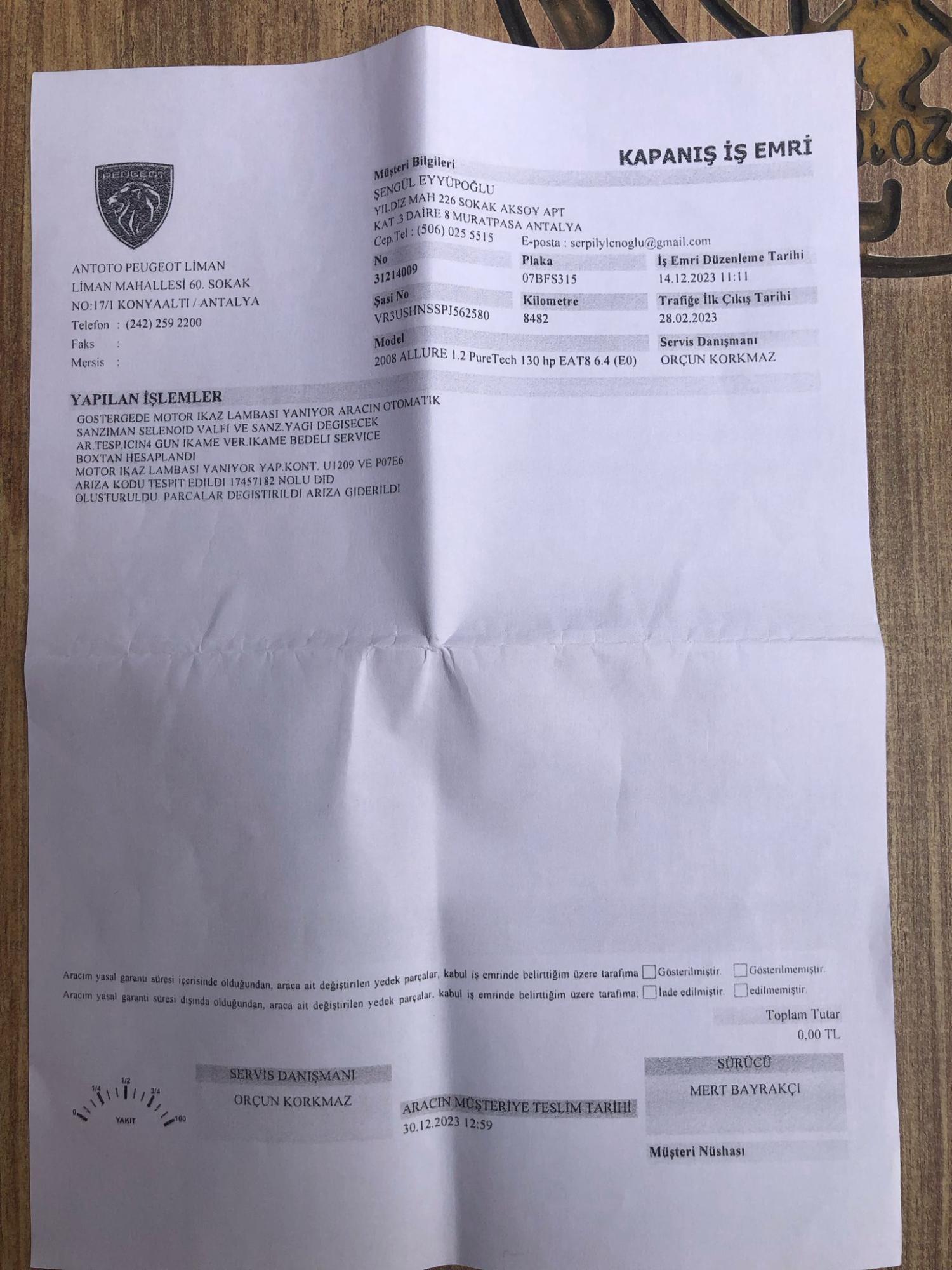 Peugeot 2023 Sıfır Aldığım 2008 Model Aracım Ayıplı Mal Çıktı