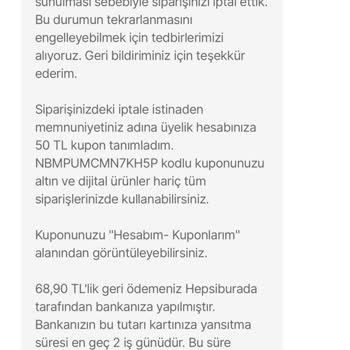 Hepsiburada Müşteri Hizmetleri Yeterli Kupon Tanımlamıyor.