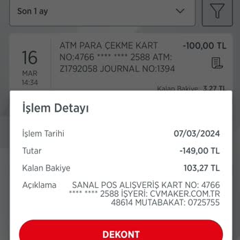 CV Maker Kartımdan İzinsiz Para Çekme.