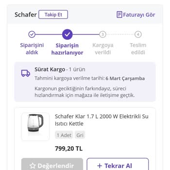 Schafer Satin Alınan Ürünleri Kargolamıyor!