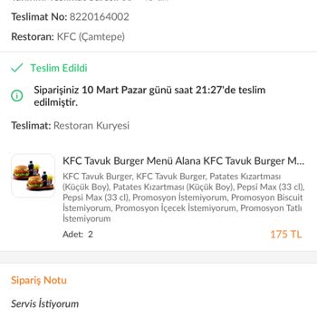 KFC Narlıdere Şubesi : İptal Edilen Siparişin İade Edilmeyen Ücreti.
