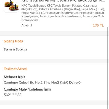 KFC Narlıdere Şubesi : İptal Edilen Siparişin İade Edilmeyen Ücreti.