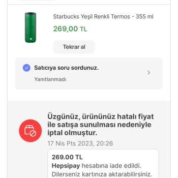 Starbucks Hatalı Fiyat Girilmesi Sebebiyle Termos İptali