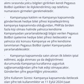 Pegasus 1 Bilet Alana 1 Bilet Bedava Kampanyası Şifre Gelmemesi