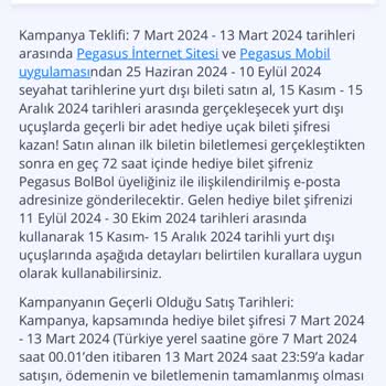 Pegasus 1 Bilet Alana 1 Bilet Bedava Kampanyası Şifre Gelmemesi