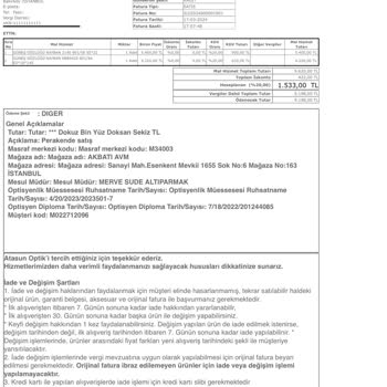 Atasun Optik Akbatı AVM Rayban Gözlük Hatalı Ürün Satıyor