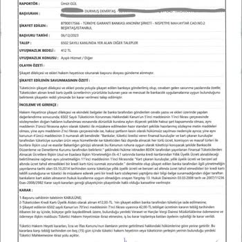 Garanti BBVA Garanti Tüketici Hkm. Hyt. Kararına Rağmen Kart Aidatı İadesi Yapmıyor