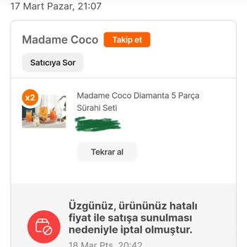 Madame Coco Ve Hepsiburada.com Sitesinden Aldığım Ürün İptal Edilmiş