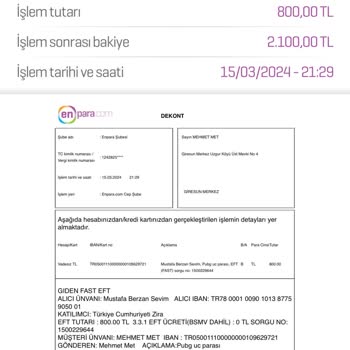 PUBG (Pubgmobile.com) 800 TL'lik UC Yüklemesi Sorunu Ve Mağduriyetim