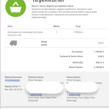 Dyson Teslim Edilmeyen Ürün