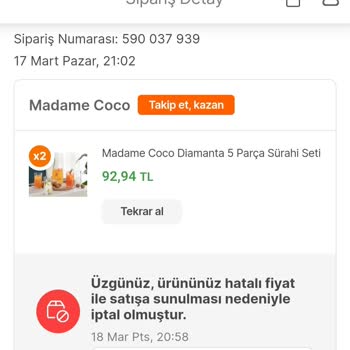 Madame Coco Yanlış Fiyatlandırma Yaptıklarını Söyleyerek Siparişimi İptal Ettiler