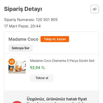 Madame Coco Yanlış Fiyatlandırma Yaptıklarını Söyleyerek Siparişimi İptal Ettiler