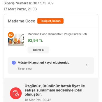 Madame Coco Hepsiburada Tarafıma Sorulmadan Yanlış Fiyat Gerekçesi İle Ürün İptali
