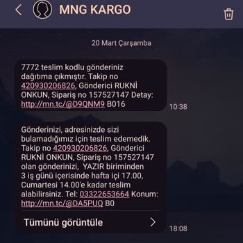 Konya Yazır Şubesi MNG Kargo Ürünümü Teslim Etmedi.