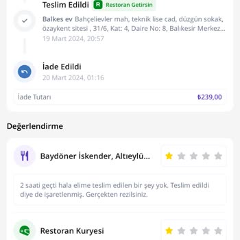 Getir Yemek Siparişinin Teslim Edilememesi