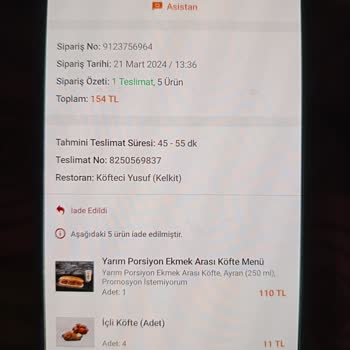 Köfteci Yusuf Siparişi Getirmeden Teslim Onayı, Ücret İadesi Yapmaması