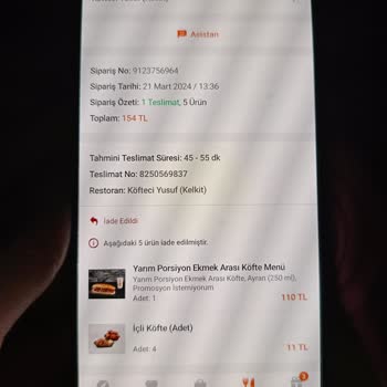 Köfteci Yusuf Siparişi Getirmeden Teslim Onayı, Ücret İadesi Yapmaması