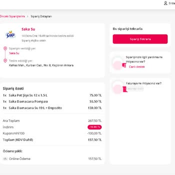 Saka Su Online Alışveriş Sipariş Gelmedi