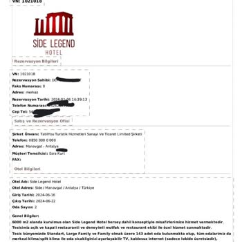 Side Legend Hotel İademizi Yapmıyor. Mağdur Ediliyoruz.
