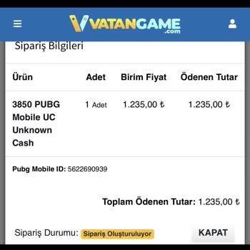 Vatangame.com Vatangame PUBG Uc Yatırma Sorunu
