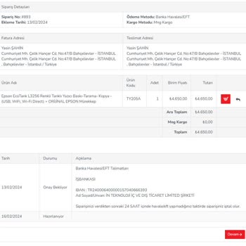 inaktuel.com Epson L3256 Yazıcı Siparişimde Yaşanan Gecikme Sorunu