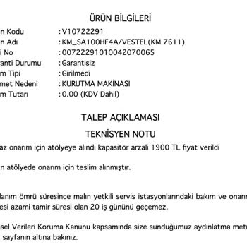 Vestel Km-96201 Kurutma Makinesi Kurutmuyor!