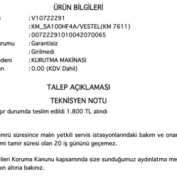 Vestel Km-96201 Kurutma Makinesi Kurutmuyor!