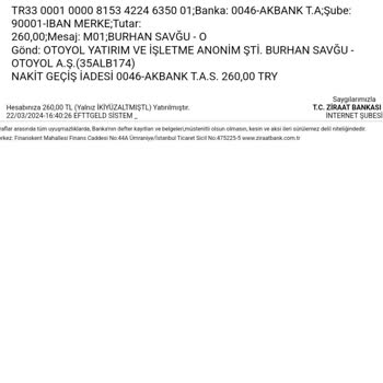 Otoyol A.Ş İstanbul- İzmir Otoyolu Firmasi1. Sınıf Olmasına 3. Sınıf Kesiyor