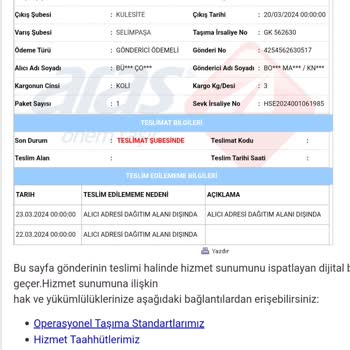 Aras Kargo Teslim Edilememe Şikayeti