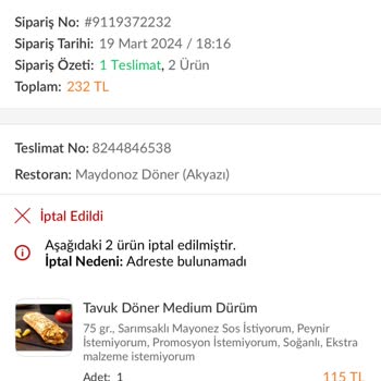 Maydonoz Döner Siparişi İptali Ve Paranın Yatmaması