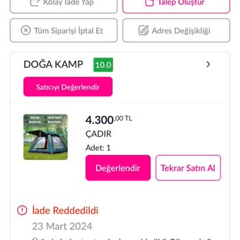 Pazarama Satın Alınan Çadırın Özellikleri Ve İade Sürecinde Yaşanan Sorunlar