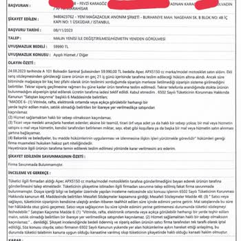 A101'den Alınan APEC APX5 150CC Maxi Scooter Tarafıma Teslim Edilmedi.