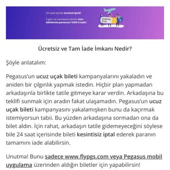 Pegasus Kendi Sitelerinde Yazan Bilgiye Rağmen İademi Yapmıyor.
