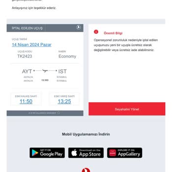 Türk Hava Yolları 14 Nisan TK2423 Antalya-İstanbul Seferinin İptali