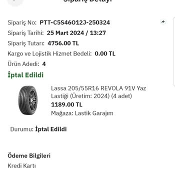 Lastikgarajim.com Lastik Garajım Tarafından Siparişim İptal Edildi Ve Fiyat Artırıldı...