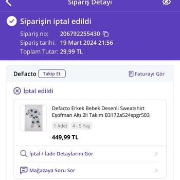 DeFacto Siparişleri Sürekli İptal Olmakta!