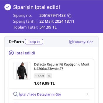 DeFacto Faturasını Kestiği Siparişi İptal Etti