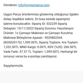 Uygunparca.com Parçamın Tedarik Edilerek Tarafıma İletilmesi